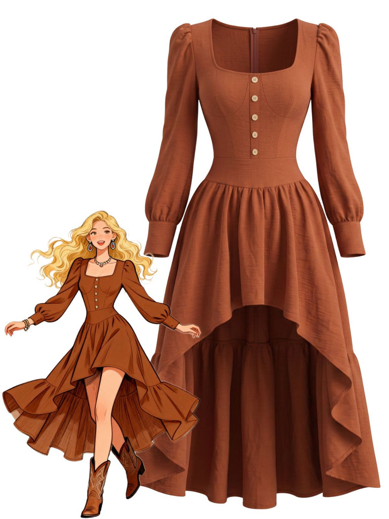 Braunes 70er Kleid mit Eckiger Ausschnitt und High-Low