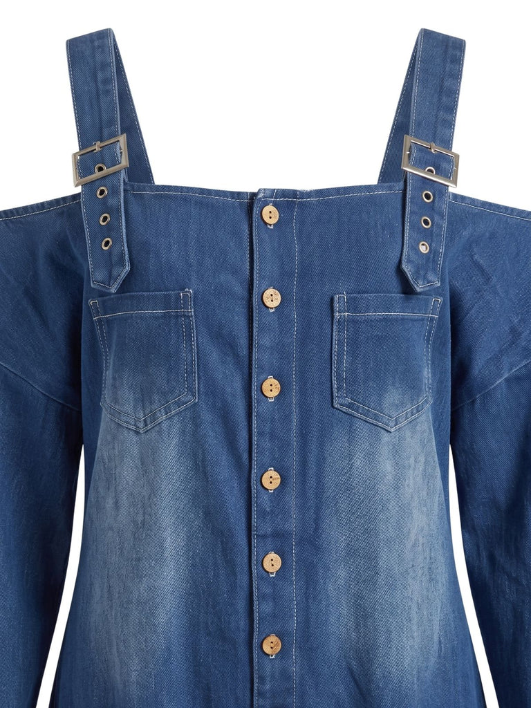 Blauer 40er Denim-Jumpsuit mit Carmen-Ausschnitt und Taschen