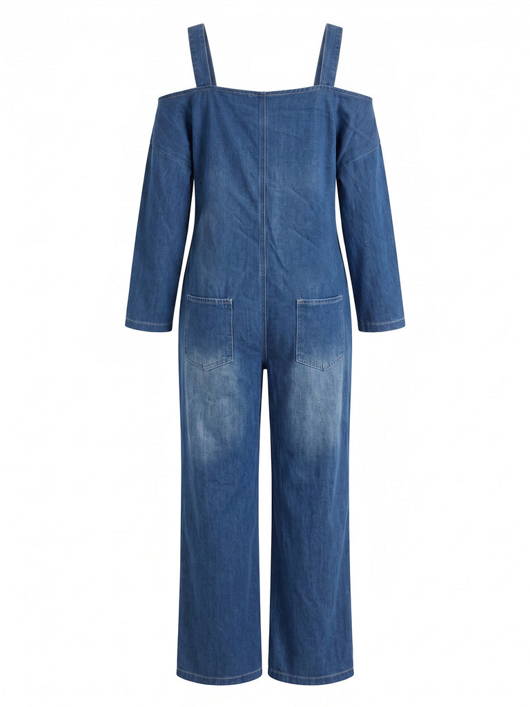 Blauer 40er Denim-Jumpsuit mit Carmen-Ausschnitt und Taschen