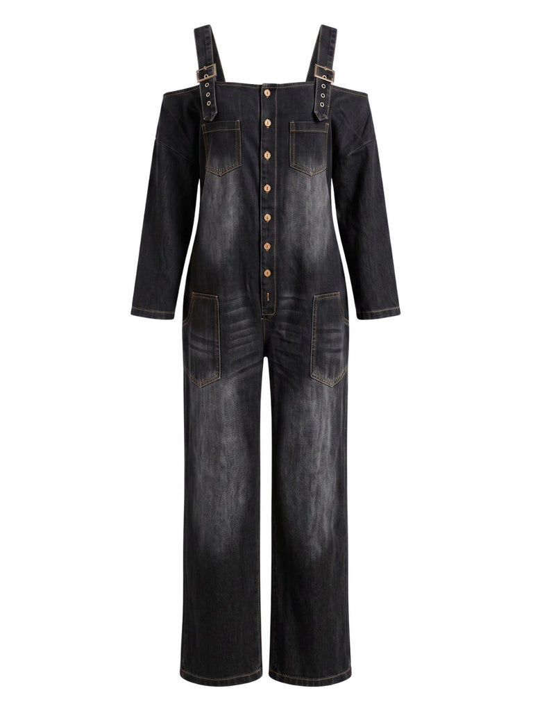 Blauer 40er Denim-Jumpsuit mit Carmen-Ausschnitt und Taschen