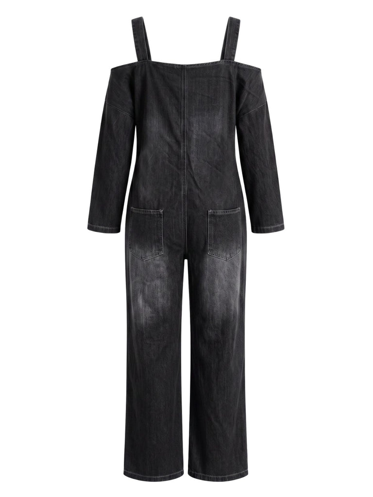 Blauer 40er Denim-Jumpsuit mit Carmen-Ausschnitt und Taschen