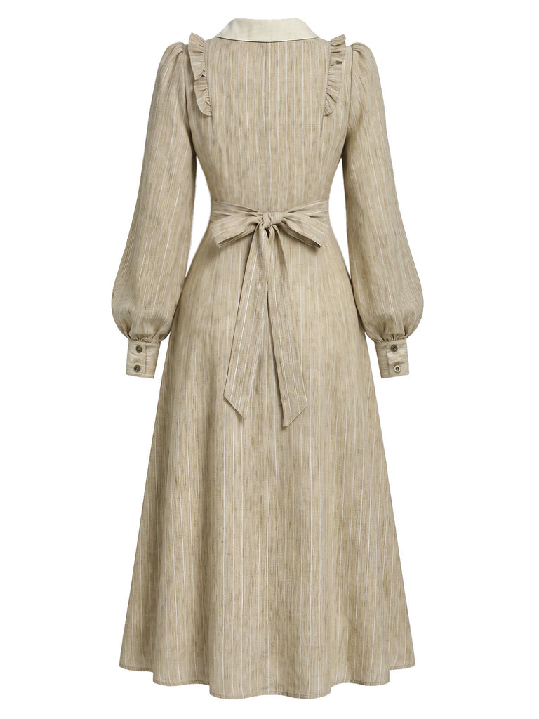 Beige 40er Kleid mit Peter-Pan-Kragen und Schleife