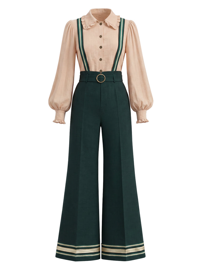70er Bluse mit Ballonärmeln & Latzhose mit Bortenbesatz