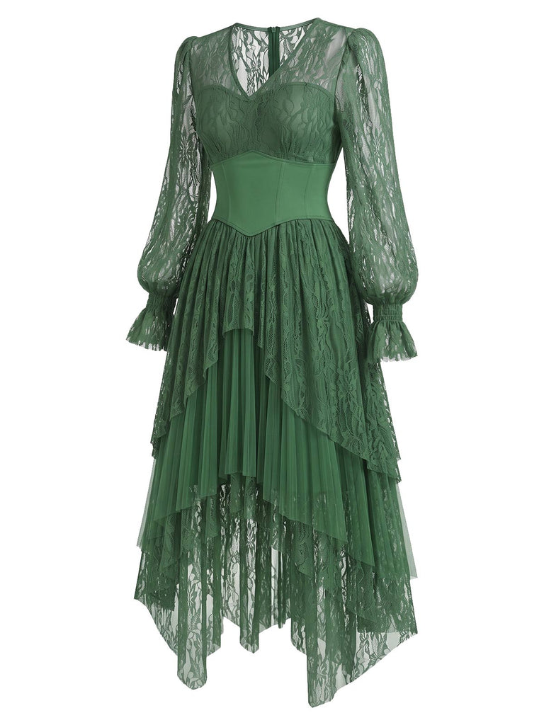 Seegrünes 70er Lagenkleid mit Spitze und asymmetrischem Saum
