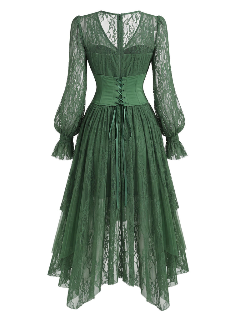 Seegrünes 70er Lagenkleid mit Spitze und asymmetrischem Saum