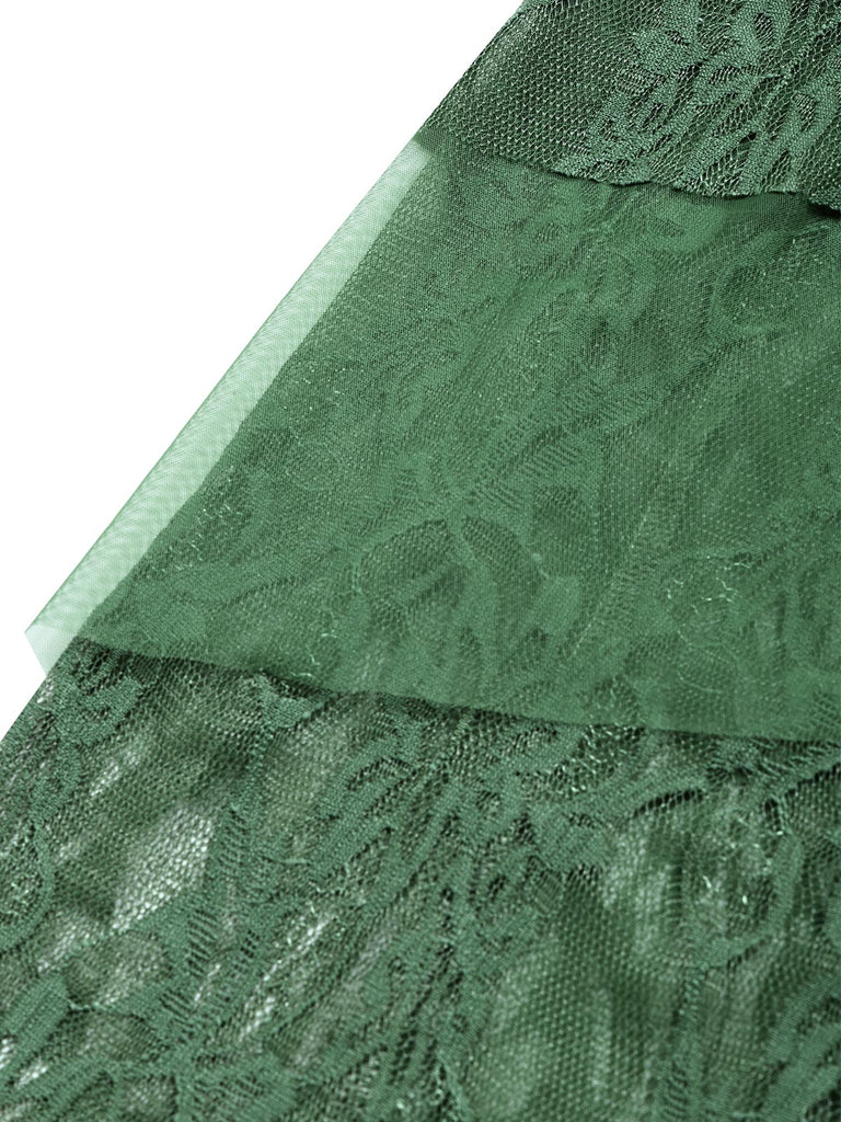 Seegrünes 70er Lagenkleid mit Spitze und asymmetrischem Saum