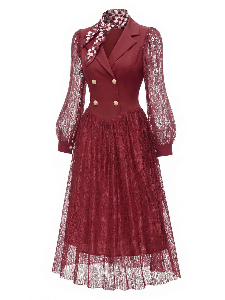 70er Spitzenkleid mit Doppelknopfleiste und Schal
