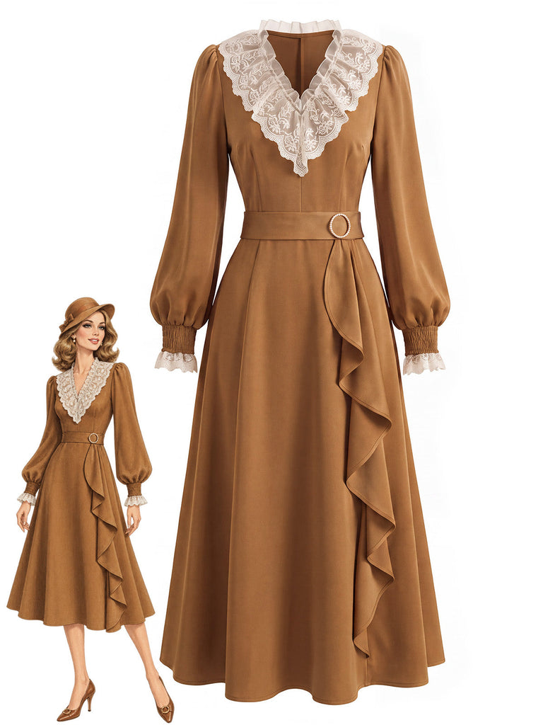 Braunes 30er Kleid mit Spitzen-V-Ausschnitt und Rüschen