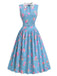 Blaues 50er ärmelloses Kleid mit Blumen und Spitzenkragen