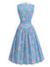 Blaues 50er ärmelloses Kleid mit Blumen und Spitzenkragen