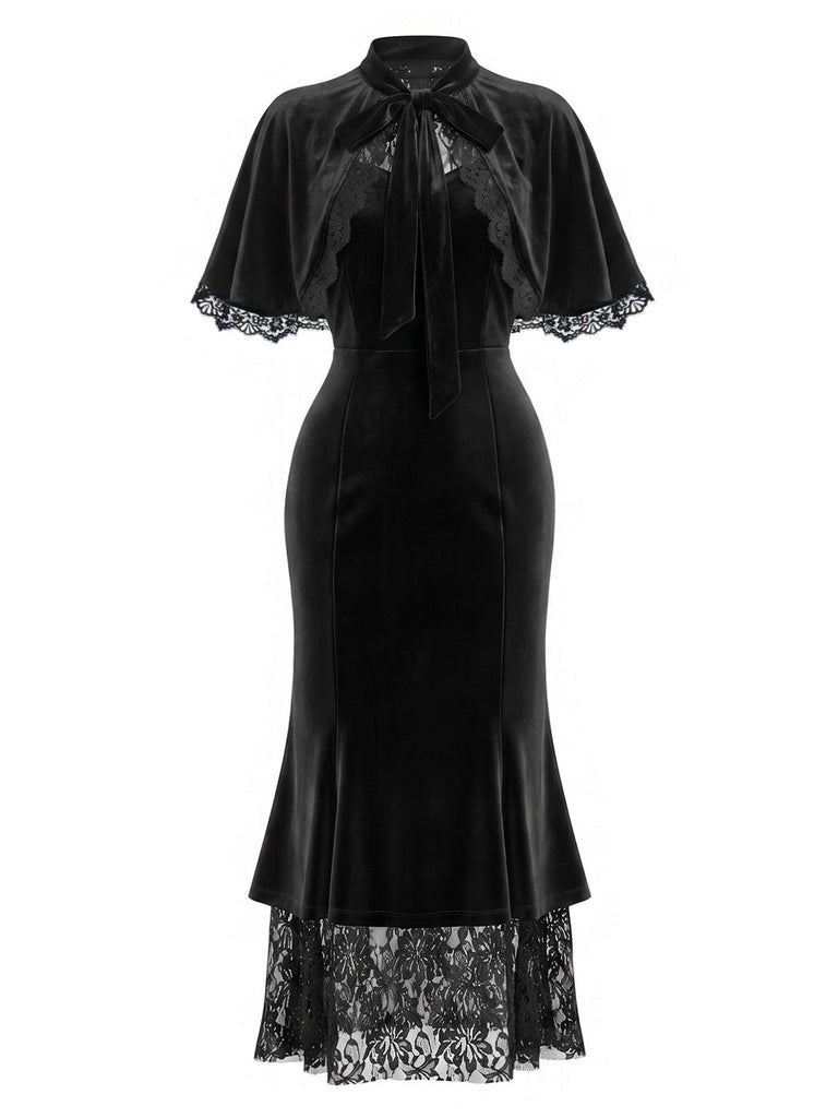 Schwarzes 30er Samt-Meerjungfrauenkleid mit Rüschen-Cape