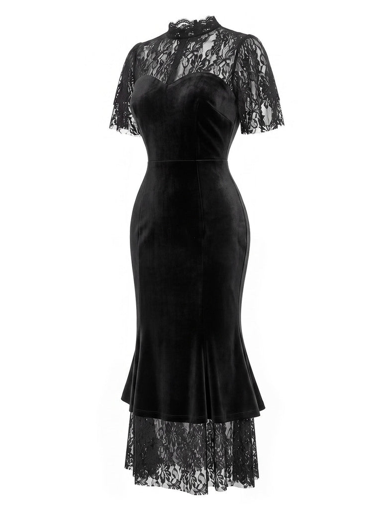 Schwarzes 30er Samt-Meerjungfrauenkleid mit Rüschen-Cape