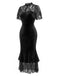 Schwarzes 30er Samt-Meerjungfrauenkleid mit Rüschen-Cape