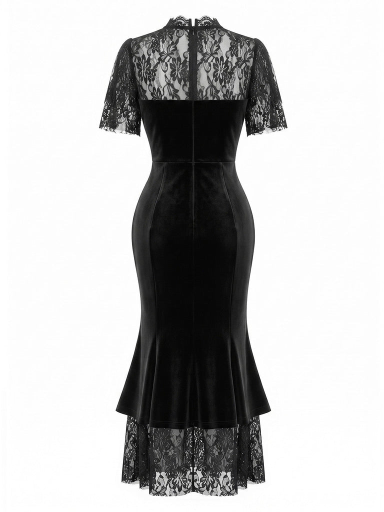 Schwarzes 30er Samt-Meerjungfrauenkleid mit Rüschen-Cape