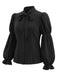 Schwarze 40er Bluse mit Schleifenkragen und Virago-Ärmeln
