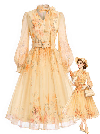 Oranges 50er Meshkleid mit Blumen und Ballonärmeln