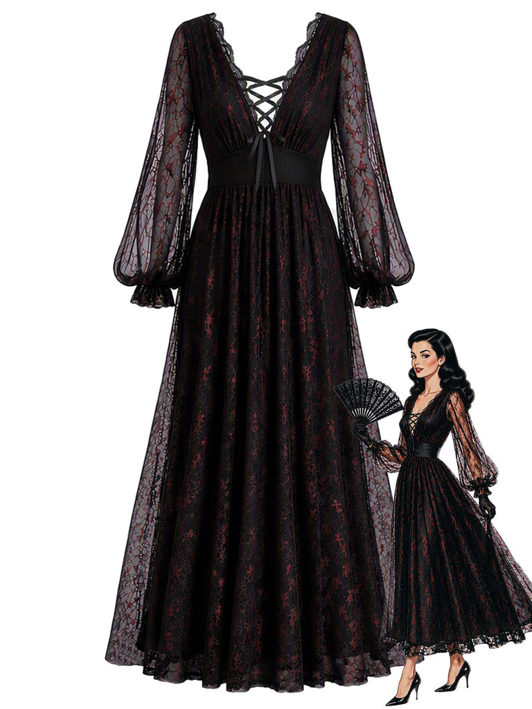 30er Spitzenkleid mit tiefem V-Ausschnitt und Ballonärmeln