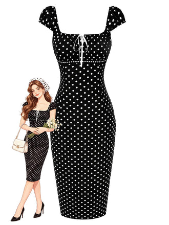 [Vorverkauf] 60er Bleistiftkleid mit Karree-Ausschnitt und Polka Dots