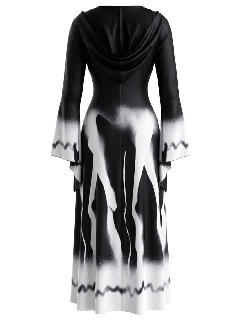 30er Kapuzen-Hexenkleid mit Spinnennetz und Glockenärmeln