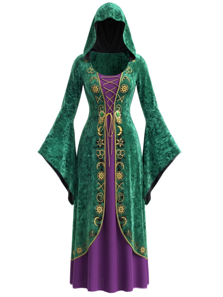 30er Kapuzen-Hexenkleid mit Spinnennetz und Glockenärmeln