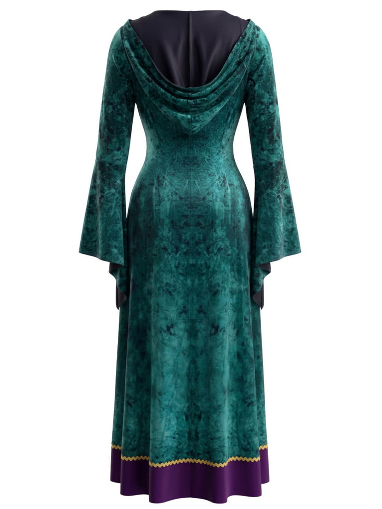 30er Kapuzen-Hexenkleid mit Spinnennetz und Glockenärmeln