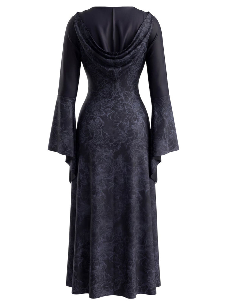 30er Kapuzen-Hexenkleid mit Spinnennetz und Glockenärmeln