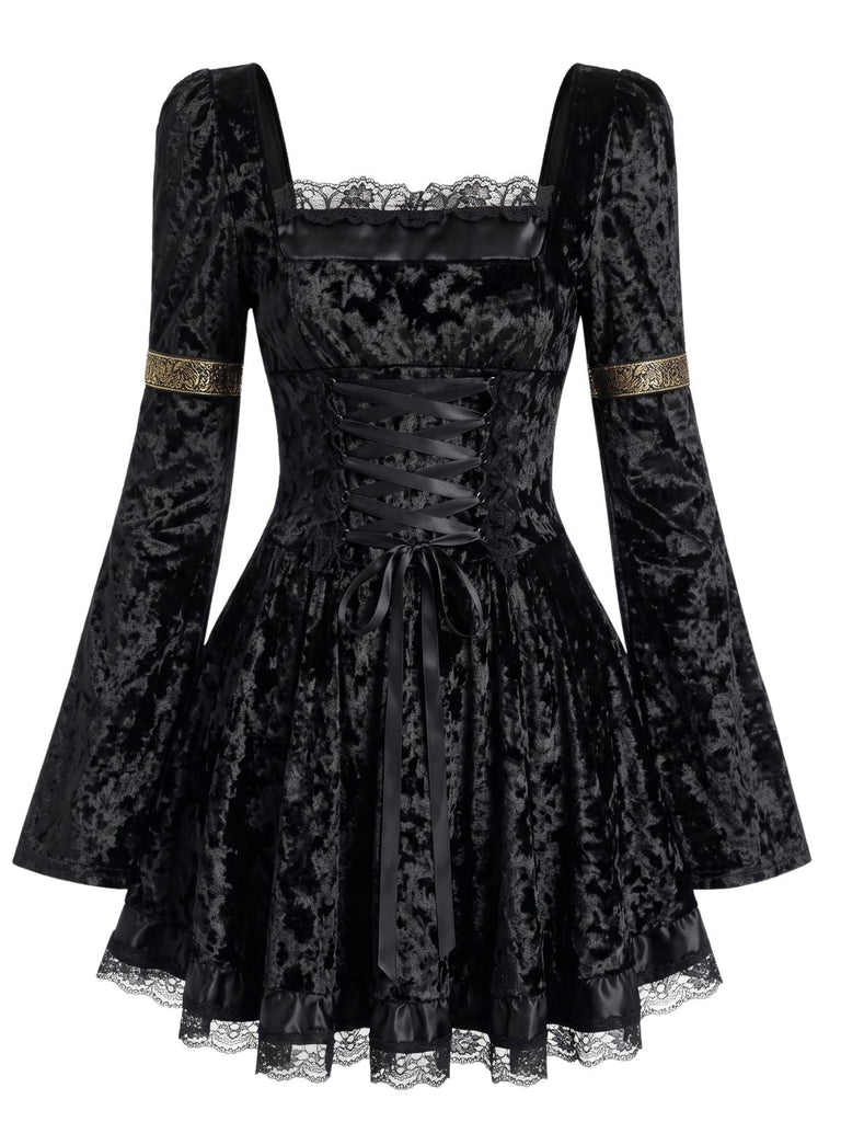 Türkises 70er Samt-Minikleid mit Schnürung und Glockenärmeln