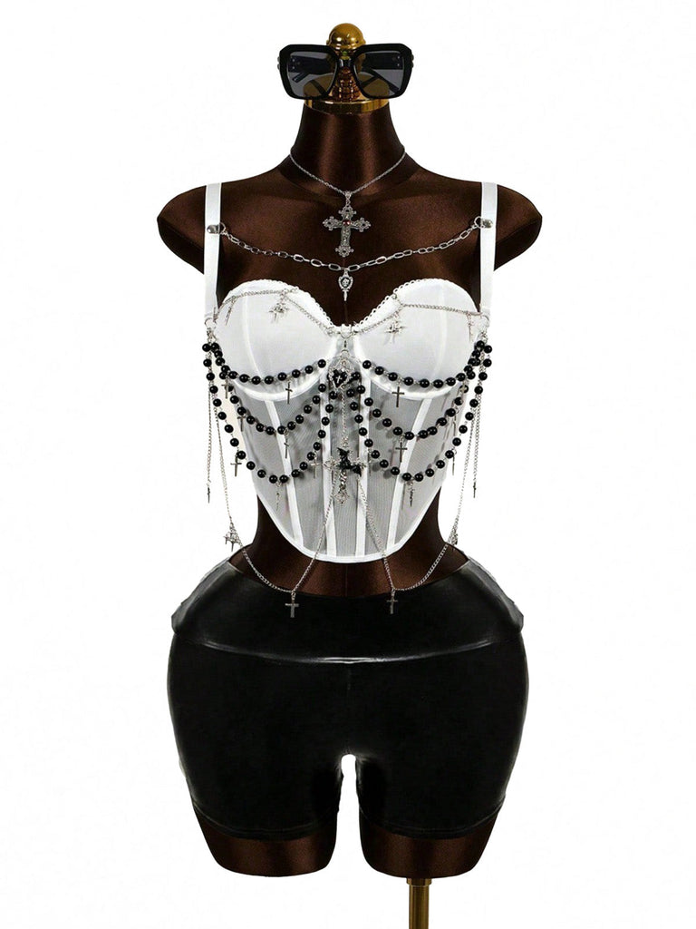 Schwarzer 80er Gothic Korsett mit Perlen