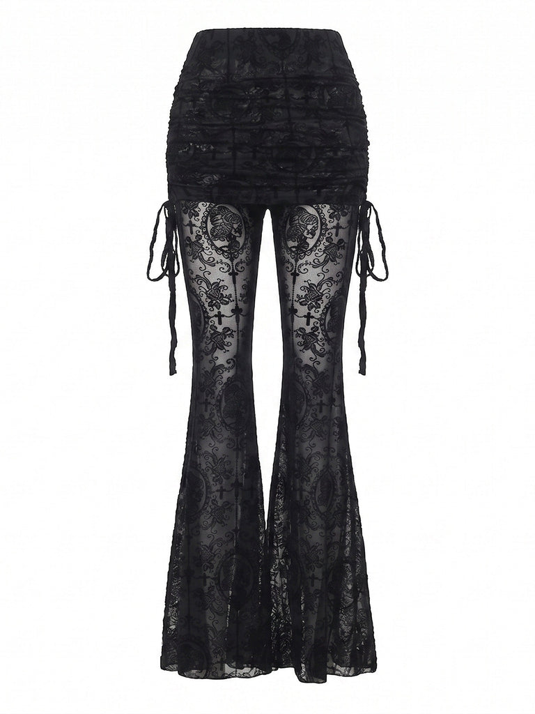 70er Spitzen-Schlaghose mit Rock-Overlay und Raffung