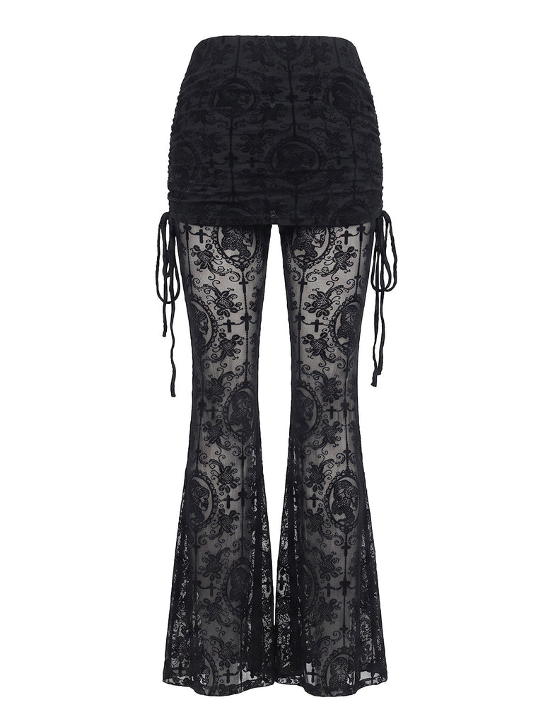 70er Spitzen-Schlaghose mit Rock-Overlay und Raffung