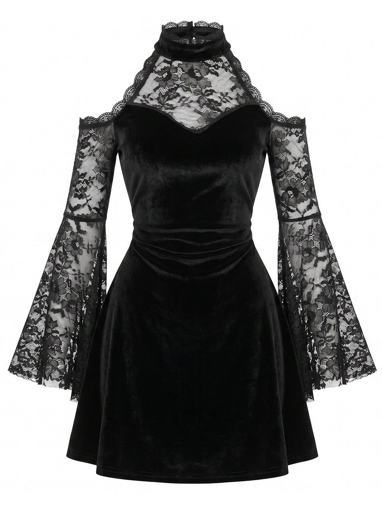 Schwarz 60er Cold-Shoulder mit Glockenärmel und Samt