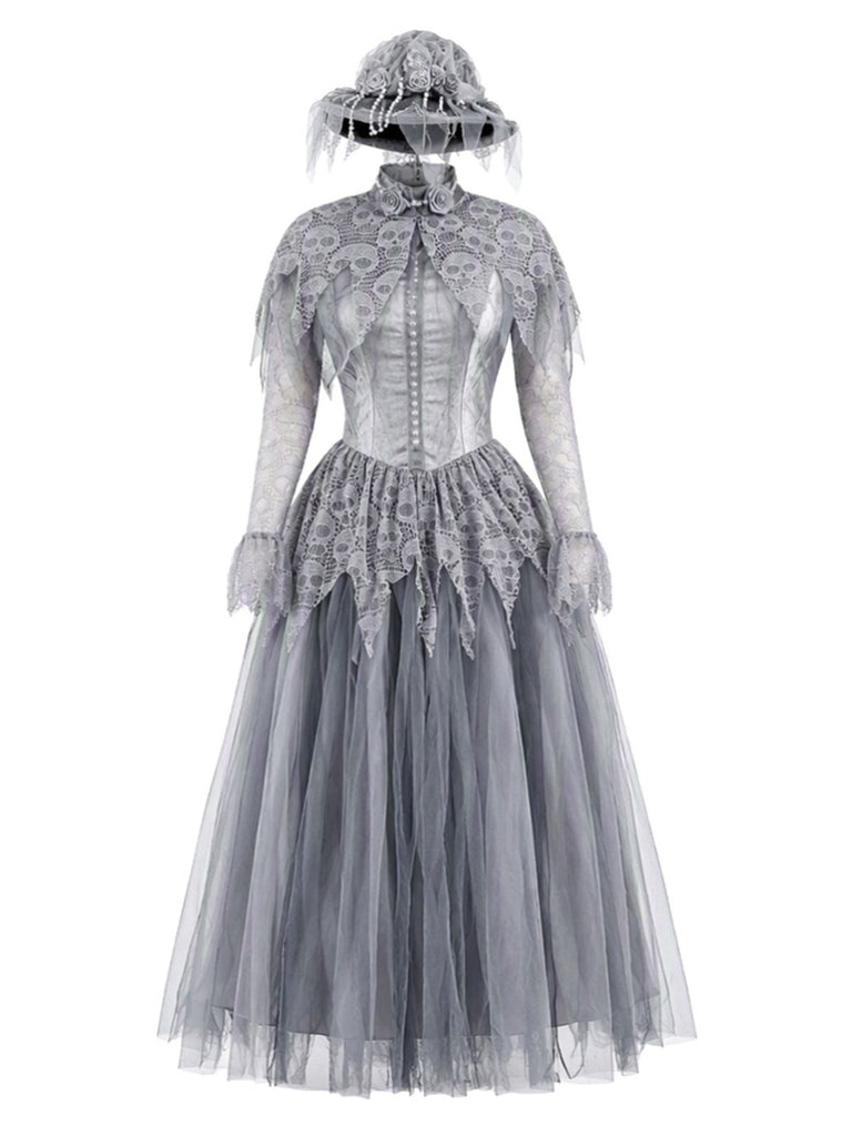 Graues 40er Gothic Maxikleid mit Spitzen-Cape und Tüll