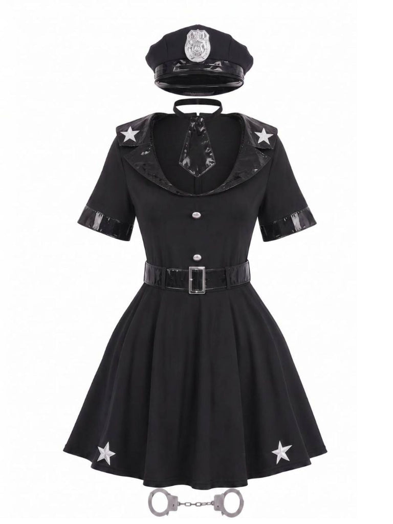 Schwarzes 50er Polizei-Kostümset mit Kleid, Mütze und Handschellen