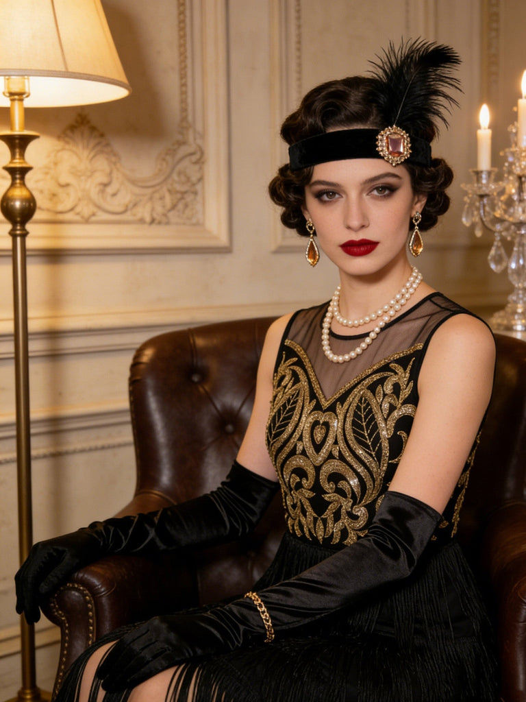 Schwarz-goldenes 20er Flapperkleid mit Perlen-Pailletten und Fransen