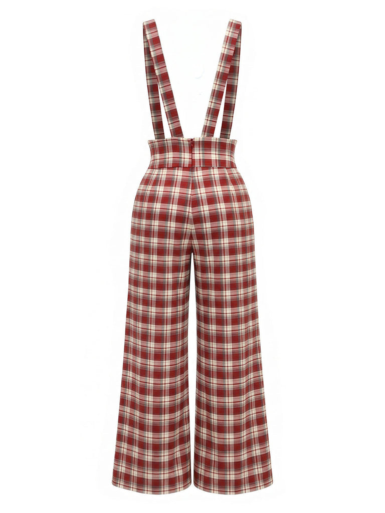 Roter 70er Karo-Latzoverall mit Knöpfen, Taschen und weitem Bein
