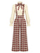 Rotes 70er Set aus Schluppenbluse und Karo-Latzhose mit weitem Bein