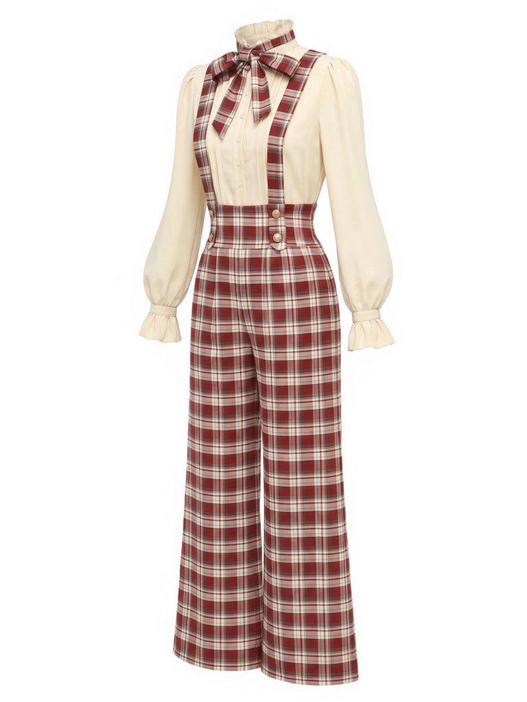 Rotes 70er Set aus Schluppenbluse und Karo-Latzhose mit weitem Bein