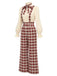 Rotes 70er Set aus Schluppenbluse und Karo-Latzhose mit weitem Bein