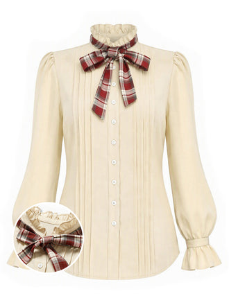 Beige 70er Bluse mit Karoschluppe, Rüschenkragen und Puffärmeln