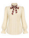 Beige 70er Bluse mit Karoschluppe, Rüschenkragen und Puffärmeln