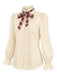 Beige 70er Bluse mit Karoschluppe, Rüschenkragen und Puffärmeln