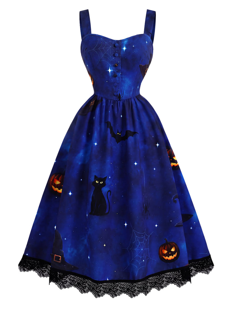 40er Halloween-Set aus Katzen-Kürbis-Kleid und Bluse mit Virago-Ärmeln