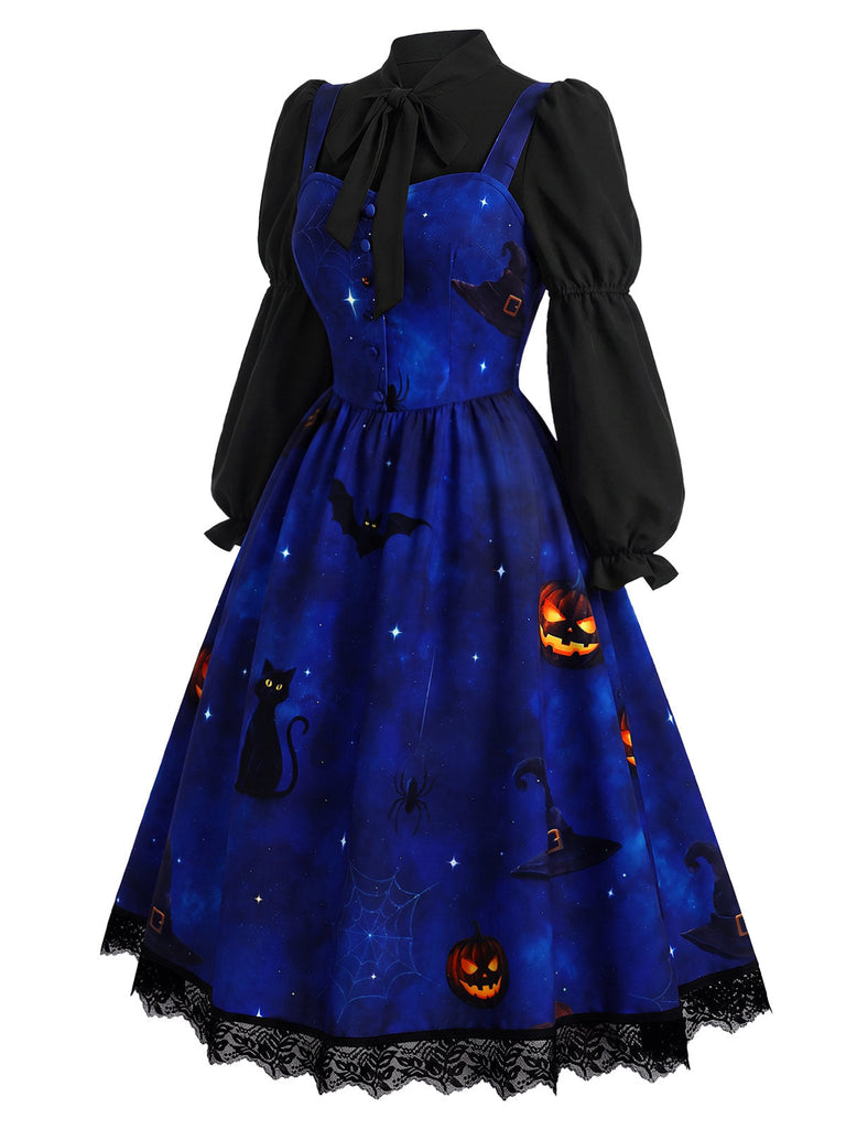 40er Halloween-Set aus Katzen-Kürbis-Kleid und Bluse mit Virago-Ärmeln