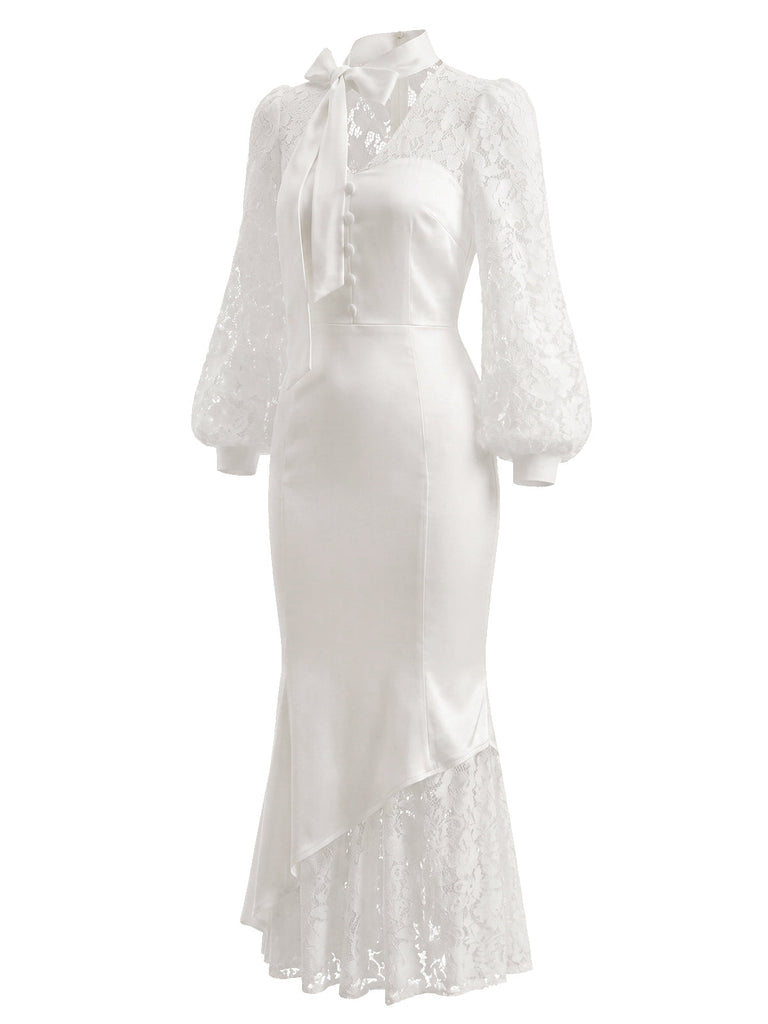 Weißes 30er Satin-Meerjungfrauenkleid mit Puffärmel und Schleife