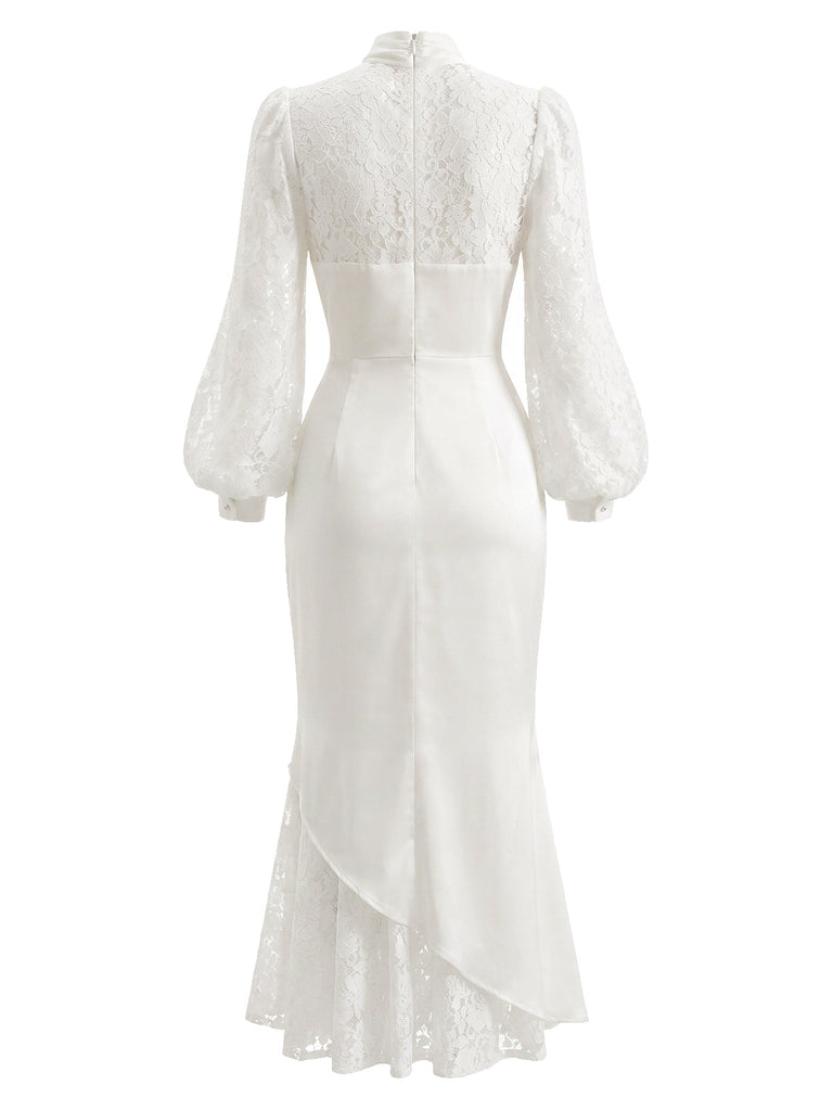 Weißes 30er Satin-Meerjungfrauenkleid mit Puffärmel und Schleife