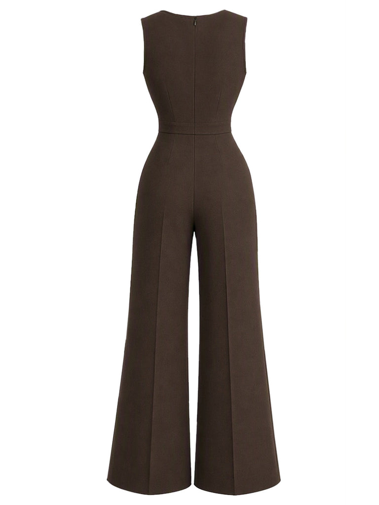 Dunkelbrauner 30er Jumpsuit mit Taschen und weitem Bein