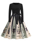 Schwarzes 50er Swingkleid mit Totenkopf Eule und Fledermäusen