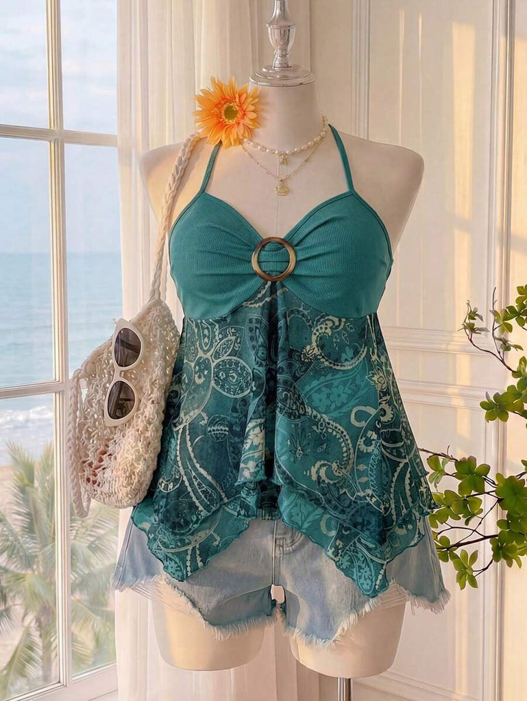 Grünes 70er ärmelloses Top mit Neckholder und asymmetrischem Saum
