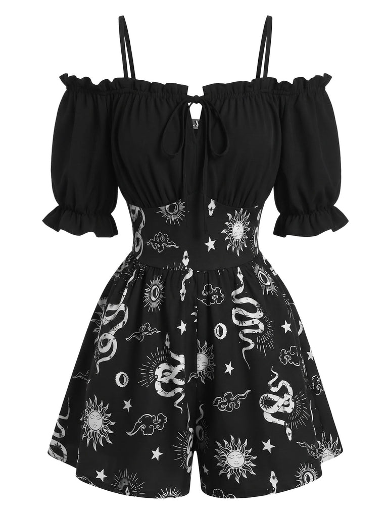70er schulterfreier Romper mit Schlangen- und Sternenprint