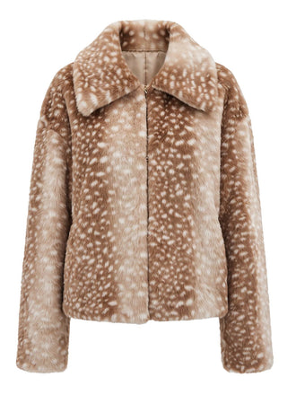 Braune 50er Kunstpelz-Kurzjacke mit Hirschprint